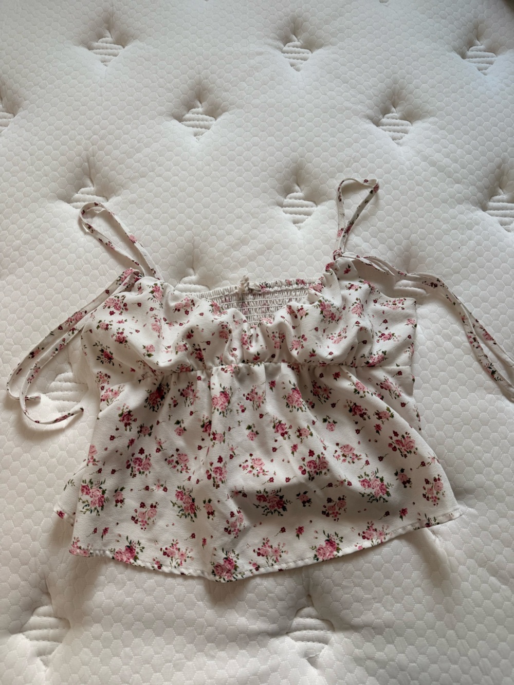 Floral Ruffle Cami Top in White with Pink Rose Print